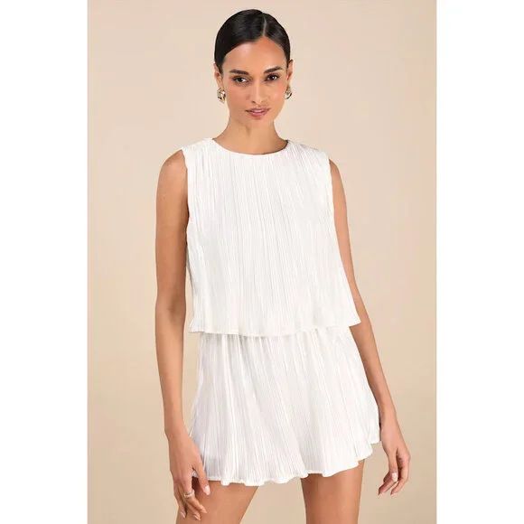 Lulus Chic Lavishness White Satin Plisse Sleeveless Romper Bachelorette . Bridal - Picture 2 of 7